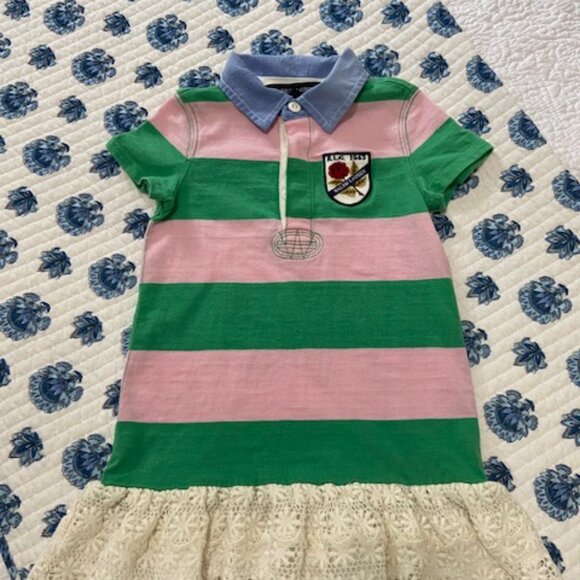 Ralph Lauren Toddler Girl Green and Pink Striped  w/ Lace Bottom Dress Size 3/3T - Picture 8 of 8